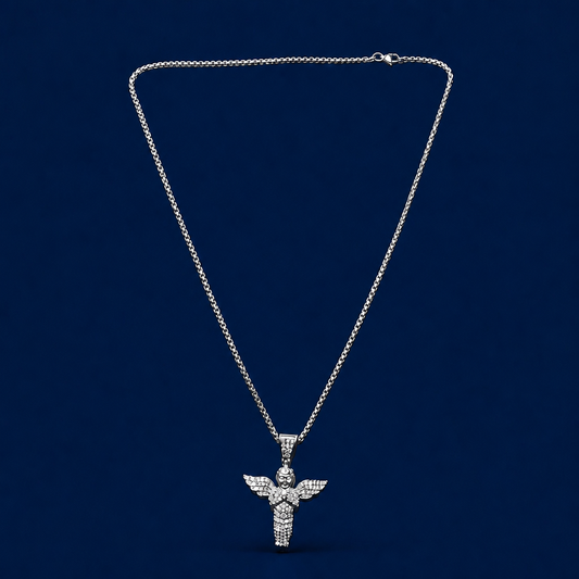 Silver necklace with a detailed pendant on a dark blue background