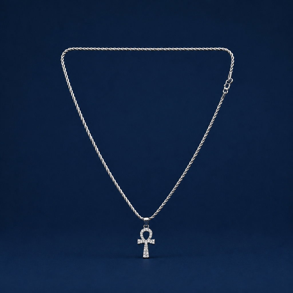 24INCH 2MM SILVER TONE METAL ANKH KEY OF LIFE PENDANT & CHAIN NECKLACE