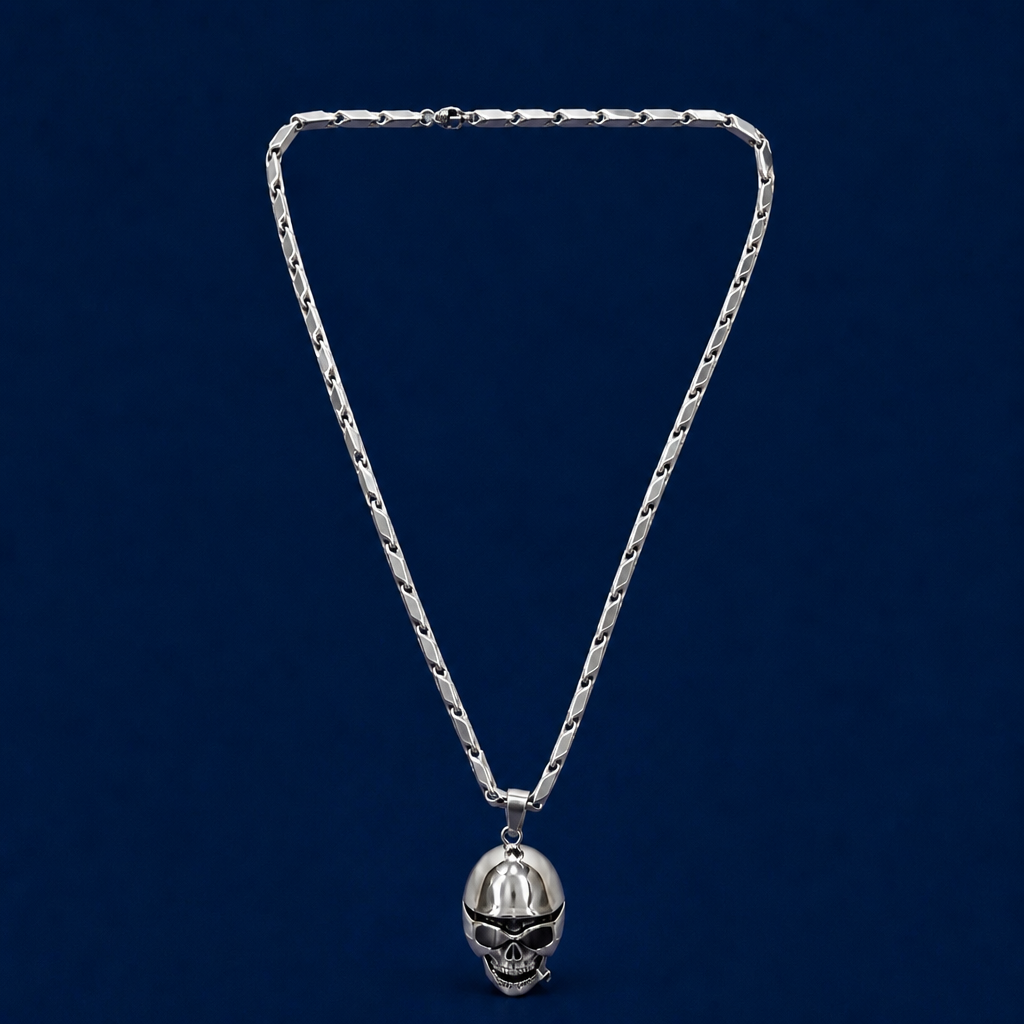 30INCH 5MM SILVER TONE STAINLESS STEEL SKULL PENDANT & CHAIN NECKLACE