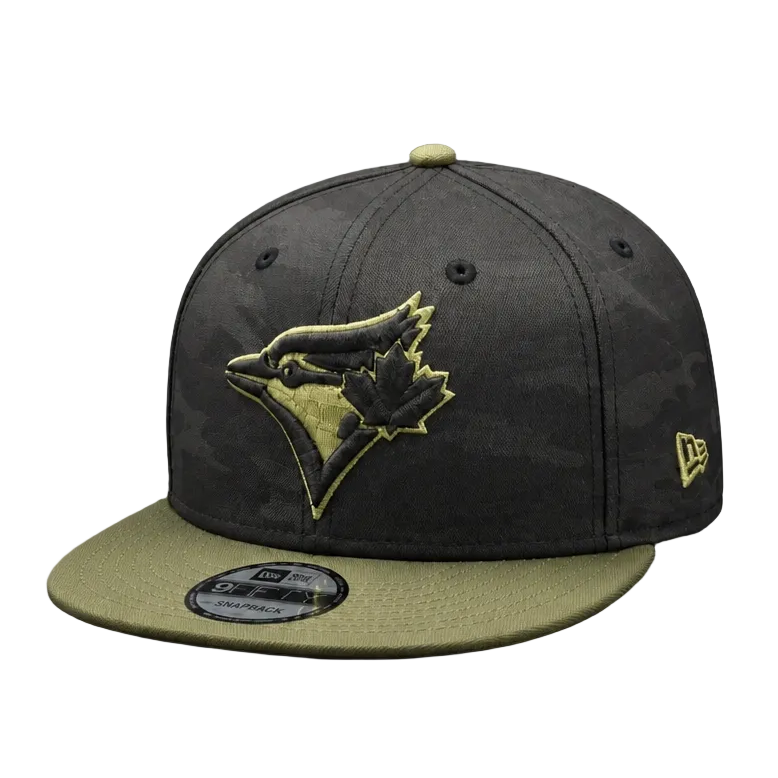MEN'S NEW ERA MLB CAMO BLACK & OLIVE GREEN TORONTO BLUE JAYS 50TH SEASON PATCH 9FIFTY SNAPBACK HAT