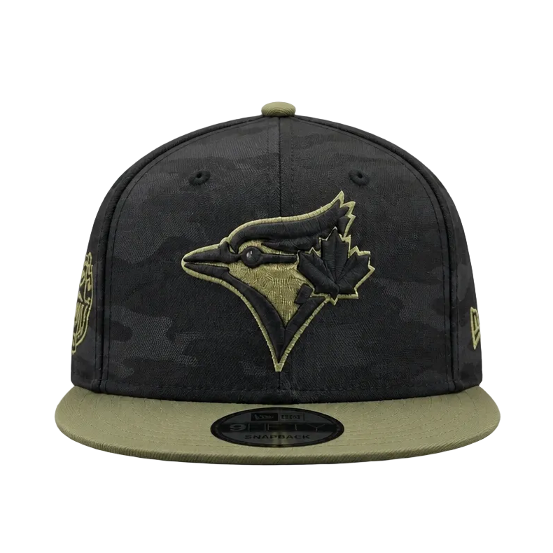 MEN'S NEW ERA MLB CAMO BLACK & OLIVE GREEN TORONTO BLUE JAYS 50TH SEASON PATCH 9FIFTY SNAPBACK HAT