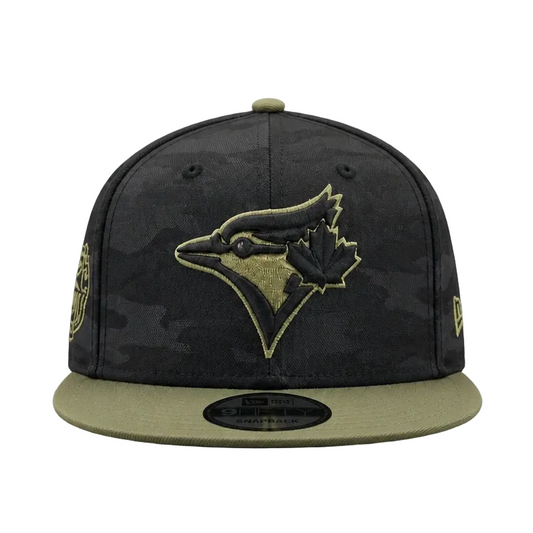 MEN'S NEW ERA MLB CAMO BLACK & OLIVE GREEN TORONTO BLUE JAYS 50TH SEASON PATCH 9FIFTY SNAPBACK HAT