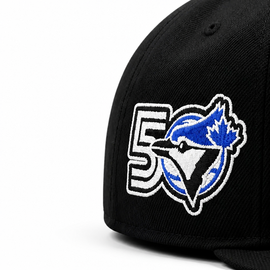 MEN'S NEW ERA MLB BLACK & ROYAL BLUE TORONTO BLUE JAYS 50TH SEASON PATCH 9FIFTY SNAPBACK HAT