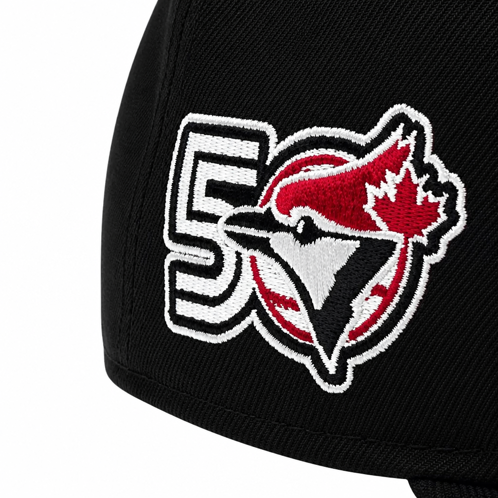 MEN'S NEW ERA MLB BLACK & BURGUNDY RED TORONTO BLUE JAYS 50TH SEASON PATCH 9FIFTY SNAPBACK HAT