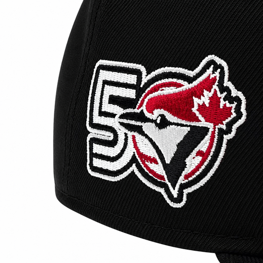 MEN'S NEW ERA MLB BLACK & BURGUNDY RED TORONTO BLUE JAYS 50TH SEASON PATCH 9FIFTY SNAPBACK HAT