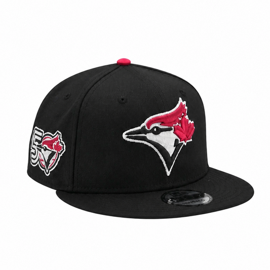 MEN'S NEW ERA MLB BLACK & BURGUNDY RED TORONTO BLUE JAYS 50TH SEASON PATCH 9FIFTY SNAPBACK HAT