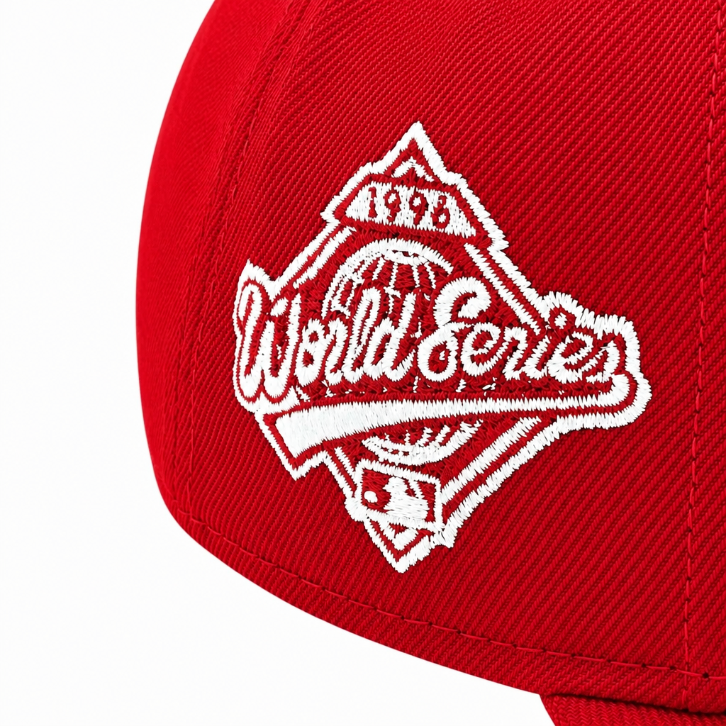 Red cap with 'World Series' logo on a white background