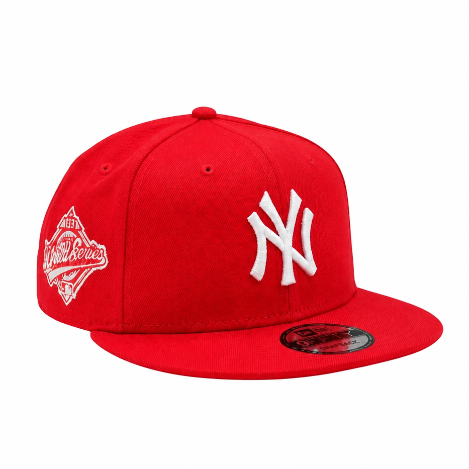 Red baseball cap with white logo on a white background