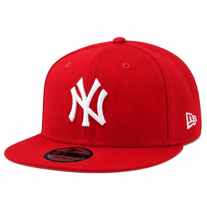 Red baseball cap with white logo on a white background