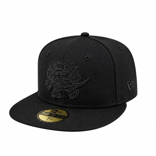 Black cap with a logo and New Era brand emblem on a white background