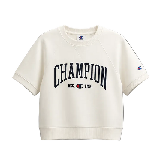 CHAMPION WOMEN'S SHORT SLEEVE LOGO FLEECE CREAM SWEATER T-SHIRT