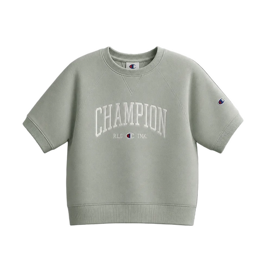 CHAMPION WOMEN'S SHORT SLEEVE LOGO FLEECE GREEN SWEATER T-SHIRT