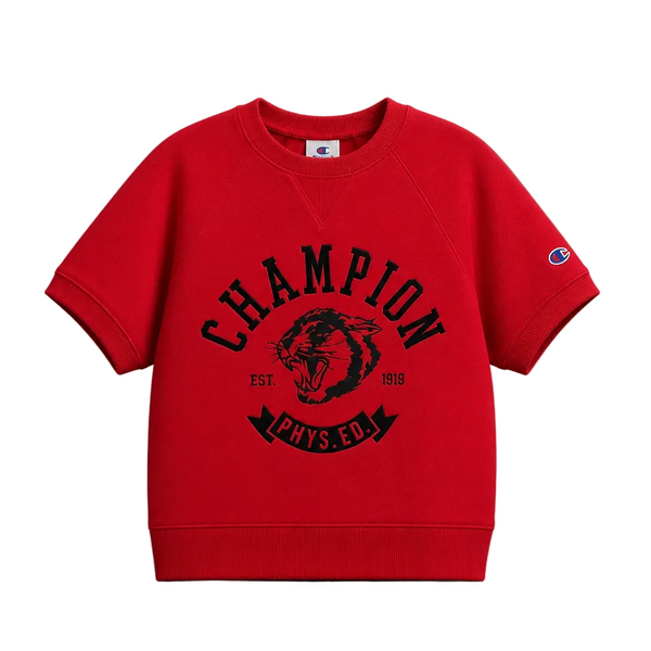 CHAMPION WOMEN'S SHORT SLEEVE LOGO FLEECE RED SWEATER T-SHIRT