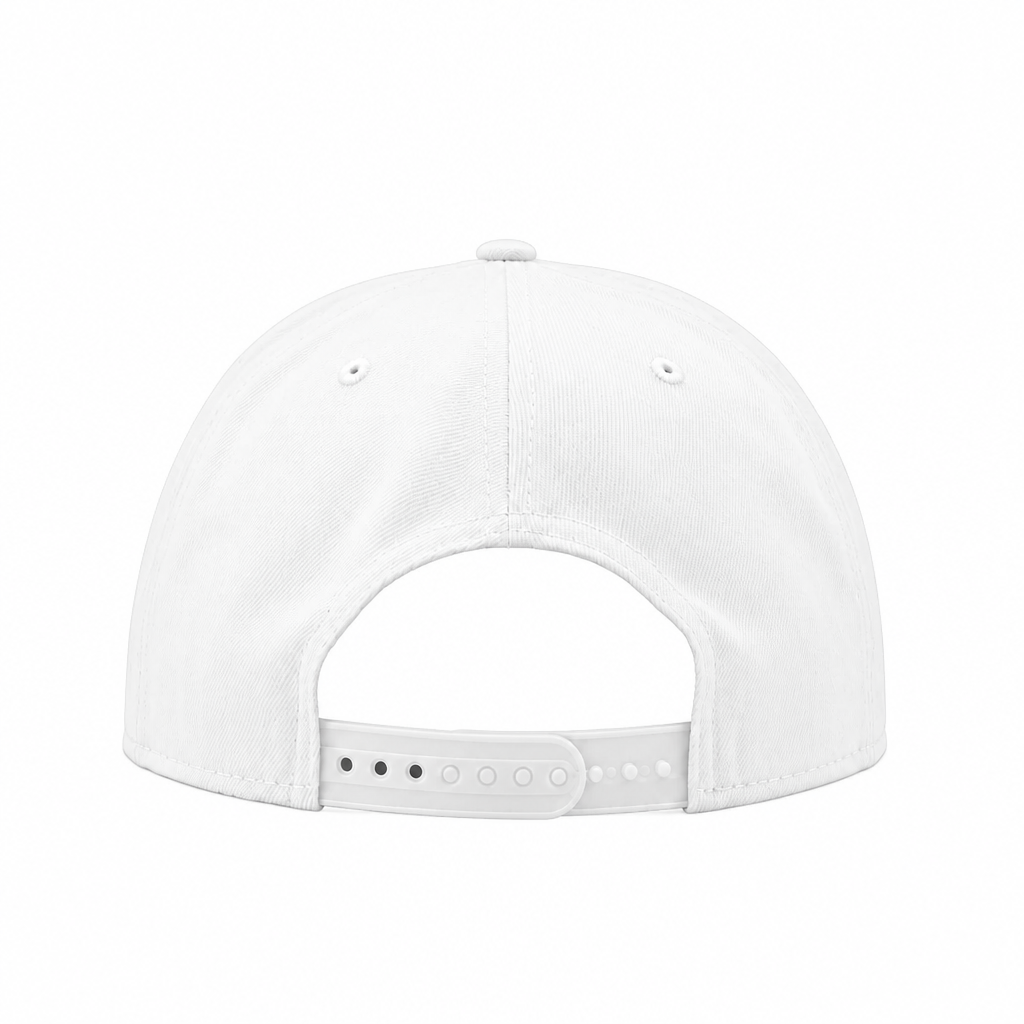 The back view of a white baseball cap with an adjustable snapback strap, shown on a solid white background.