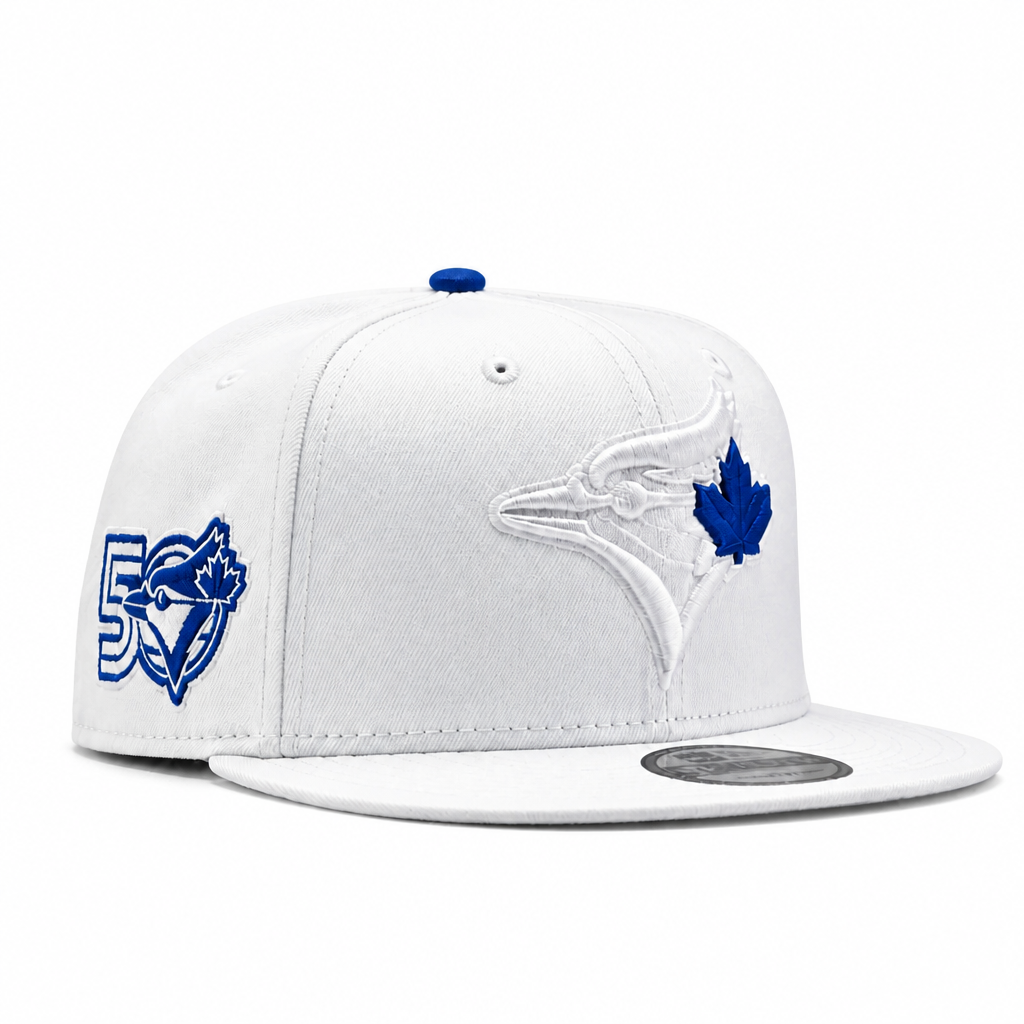 MEN'S NEW ERA MLB WHITE & ROYAL BLUE TORONTO BLUE JAYS 50TH SEASON PATCH 9FIFTY SNAPBACK HAT