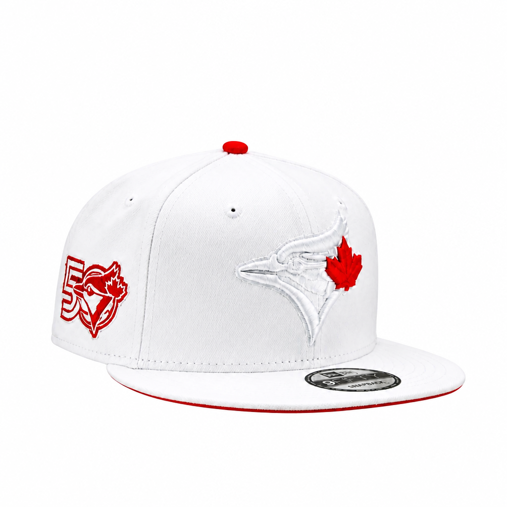 MEN'S NEW ERA MLB WHITE & SCARLET RED TORONTO BLUE JAYS 50TH SEASON PATCH 9FIFTY SNAPBACK HAT
