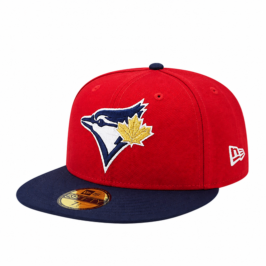 59FIFTY NEW ERA MLB TORONTO BLUE JAYS RED/NAVY BLUE WITH GOLD LEAF LOGO FITTED HAT
