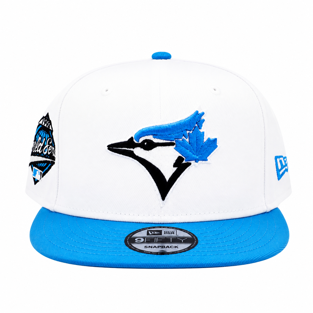 NEW ERA 9FIFTY MLB 1992 WORLD SERIES TORONTO BLUE JAYS WHITE & AQUA BLUE SNAPBACK HAT
