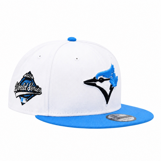NEW ERA 9FIFTY MLB 1992 WORLD SERIES TORONTO BLUE JAYS WHITE & AQUA BLUE SNAPBACK HAT
