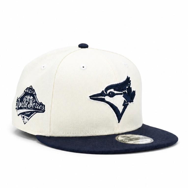 NEW ERA 9FIFTY MLB 1993 WORLD SERIES TORONTO BLUE JAYS OFF WHITE & CHROME NAVY SNAPBACK HAT