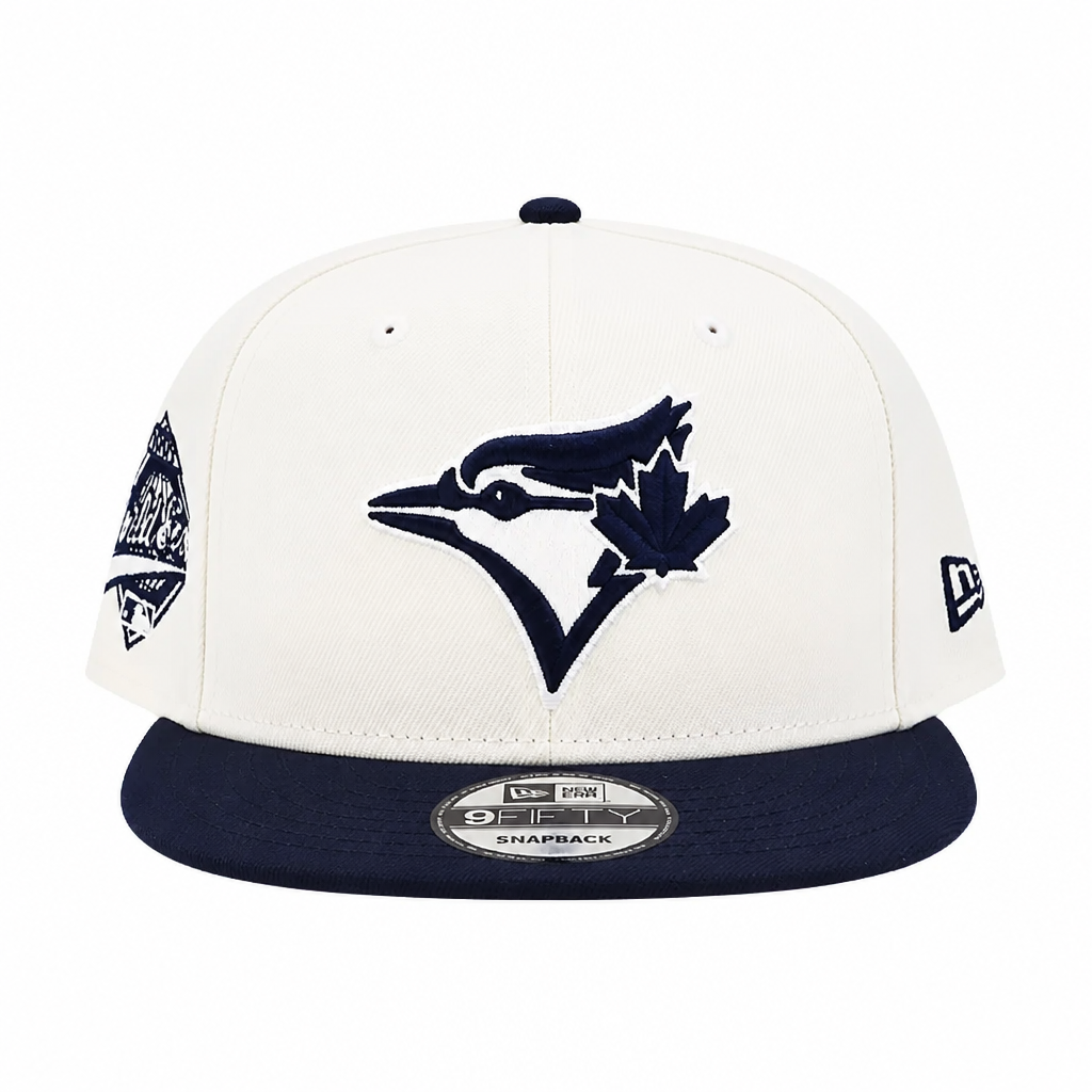 NEW ERA 9FIFTY MLB 1993 WORLD SERIES TORONTO BLUE JAYS OFF WHITE & CHROME NAVY SNAPBACK HAT