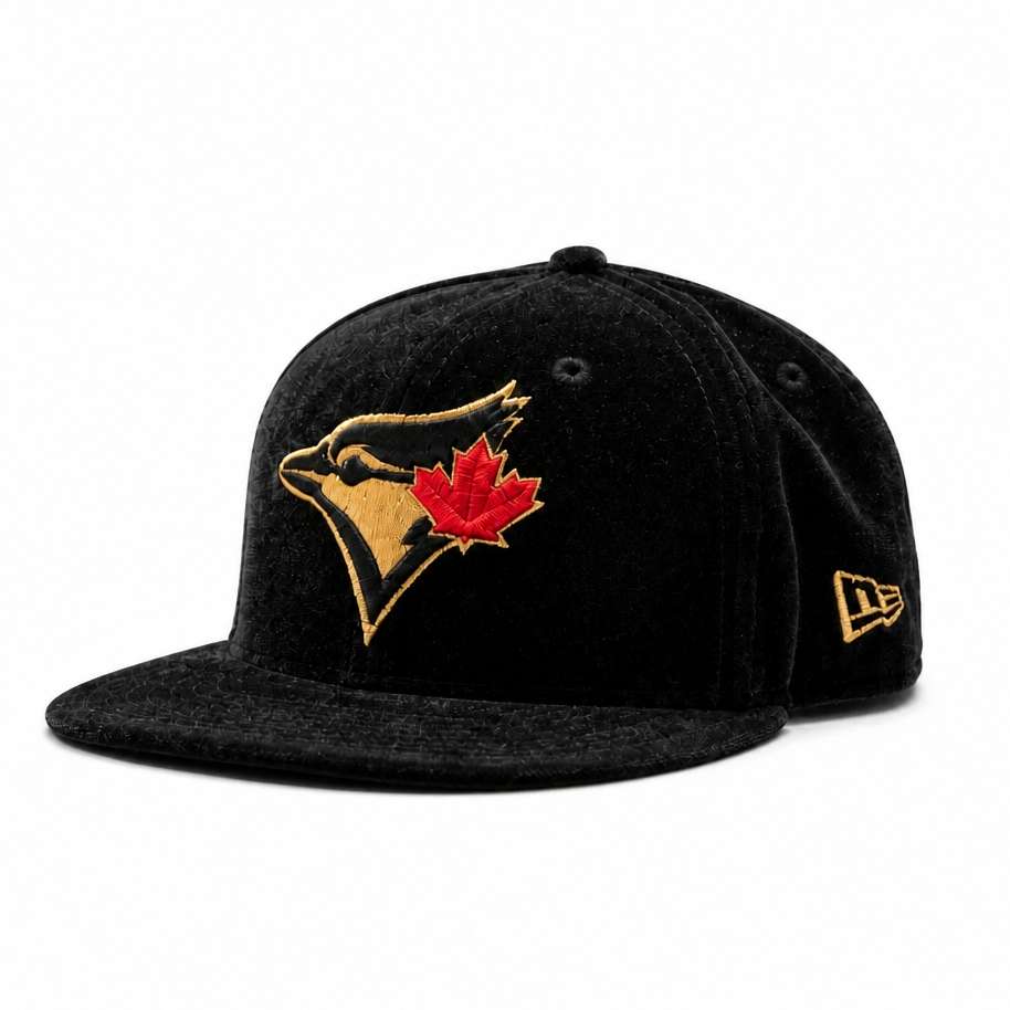 9FIFTY NEW ERA MLB TORONTO BLUE JAYS BLACK/GOLD WITH RED LEAF LOGO VELVET SNAPBACK HAT