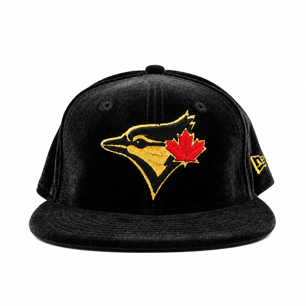 9FIFTY NEW ERA MLB TORONTO BLUE JAYS BLACK/GOLD WITH RED LEAF LOGO VELVET SNAPBACK HAT