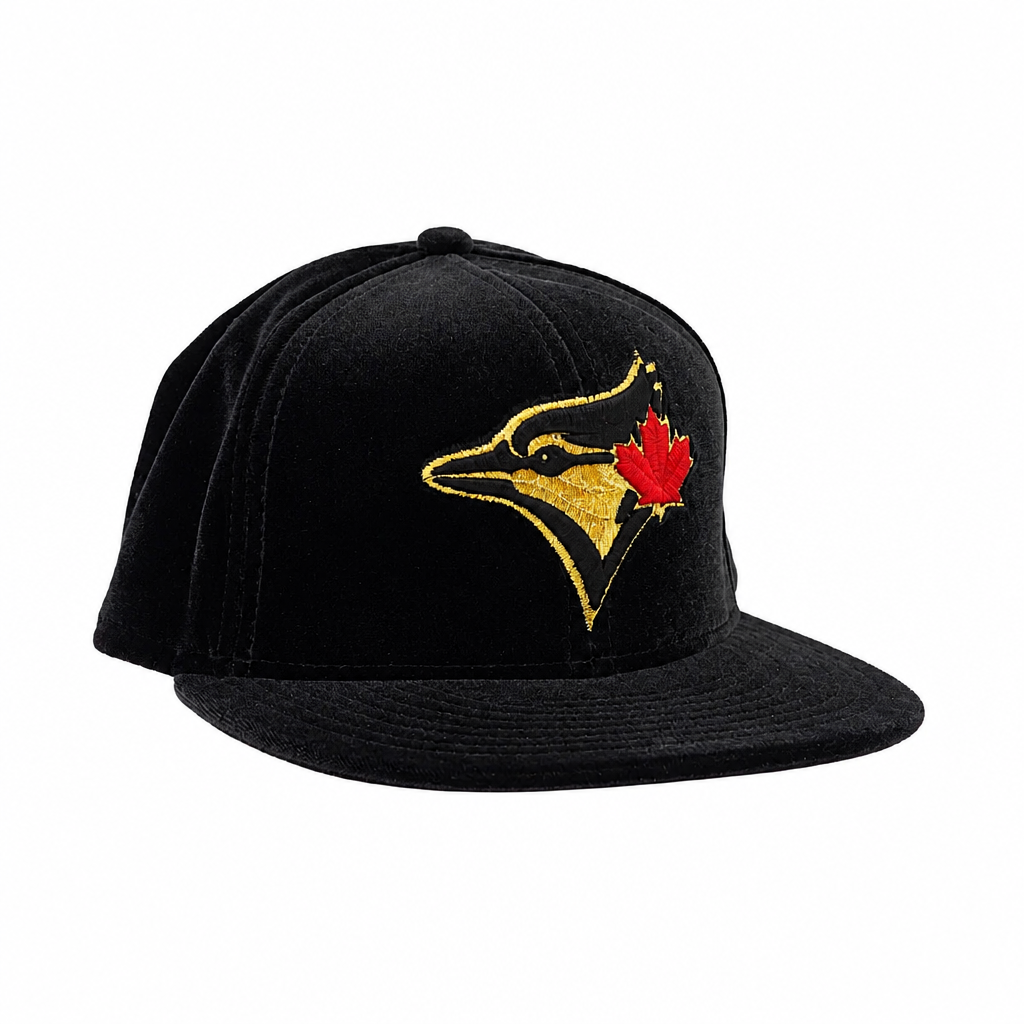 9FIFTY NEW ERA MLB TORONTO BLUE JAYS BLACK/GOLD WITH RED LEAF LOGO VELVET SNAPBACK HAT
