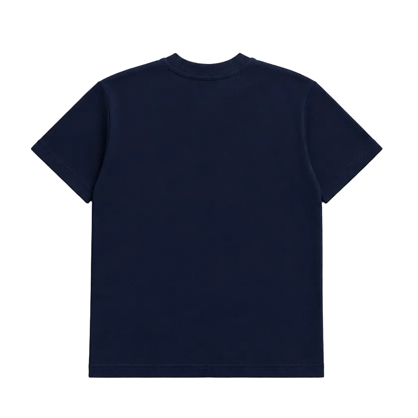 A navy blue short-sleeve t-shirt shown from the back, laid flat against a textured light gray background.