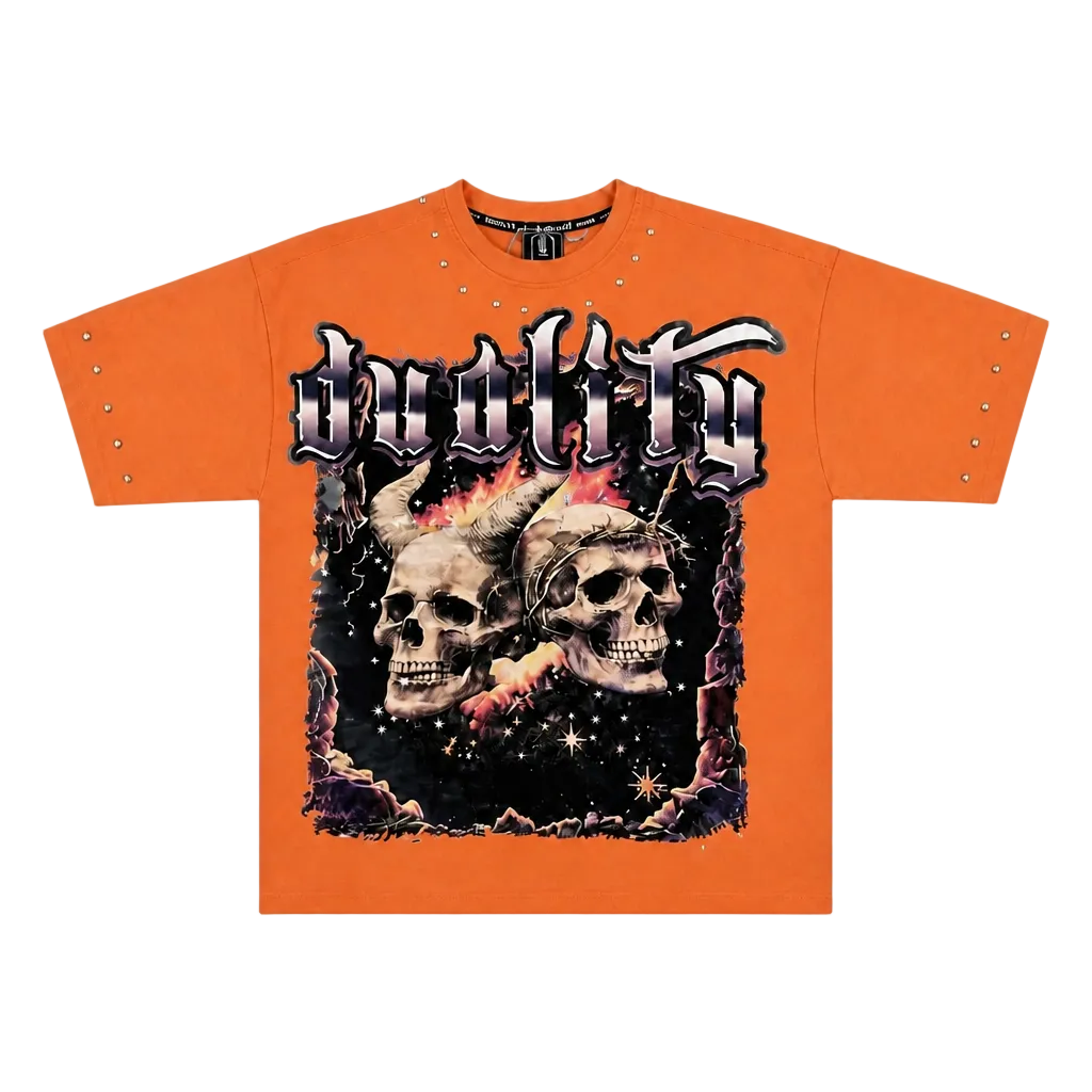 SWITCH MEN'S DUALITY, SAINT OR SINNER RHINESTONE GRAPHIC DESIGN DROP SHOULDER T-SHIRT (BRICK ORANGE)