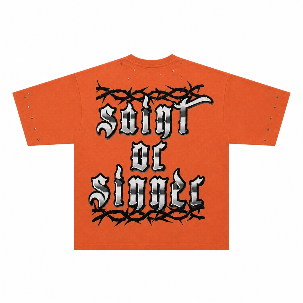 SWITCH MEN'S DUALITY, SAINT OR SINNER RHINESTONE GRAPHIC DESIGN DROP SHOULDER T-SHIRT (BRICK ORANGE)