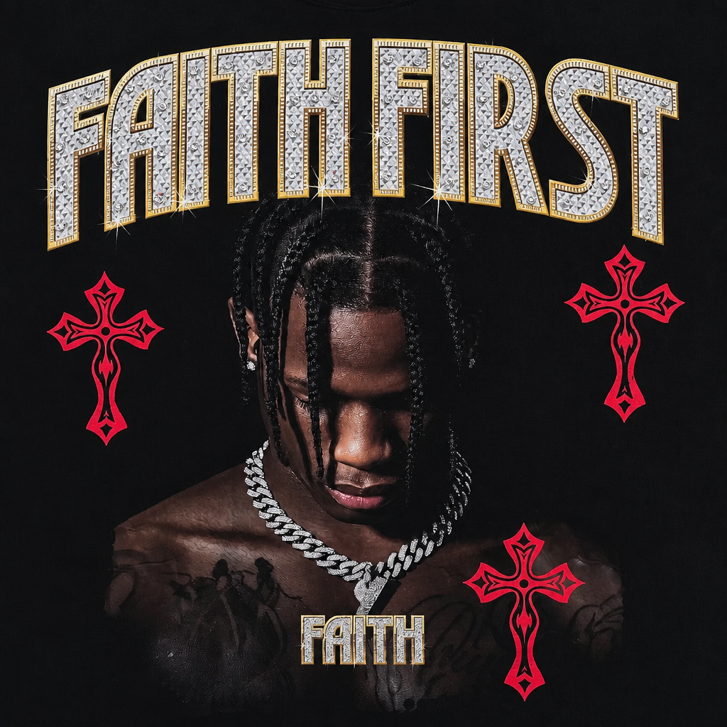 SWITCH MEN'S FAITH FIRST, FAITH NEVER FAILS RHINESTONE GRAPHIC DESIGN DROP SHOULDER T-SHIRT (BLACK)