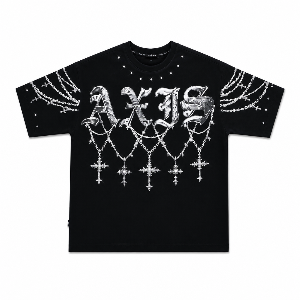 SWITCH MEN'S AXES, NEXAS RHINESTONE GRAPHIC DESIGN DROP SHOULDER T-SHIRT (BLACK)