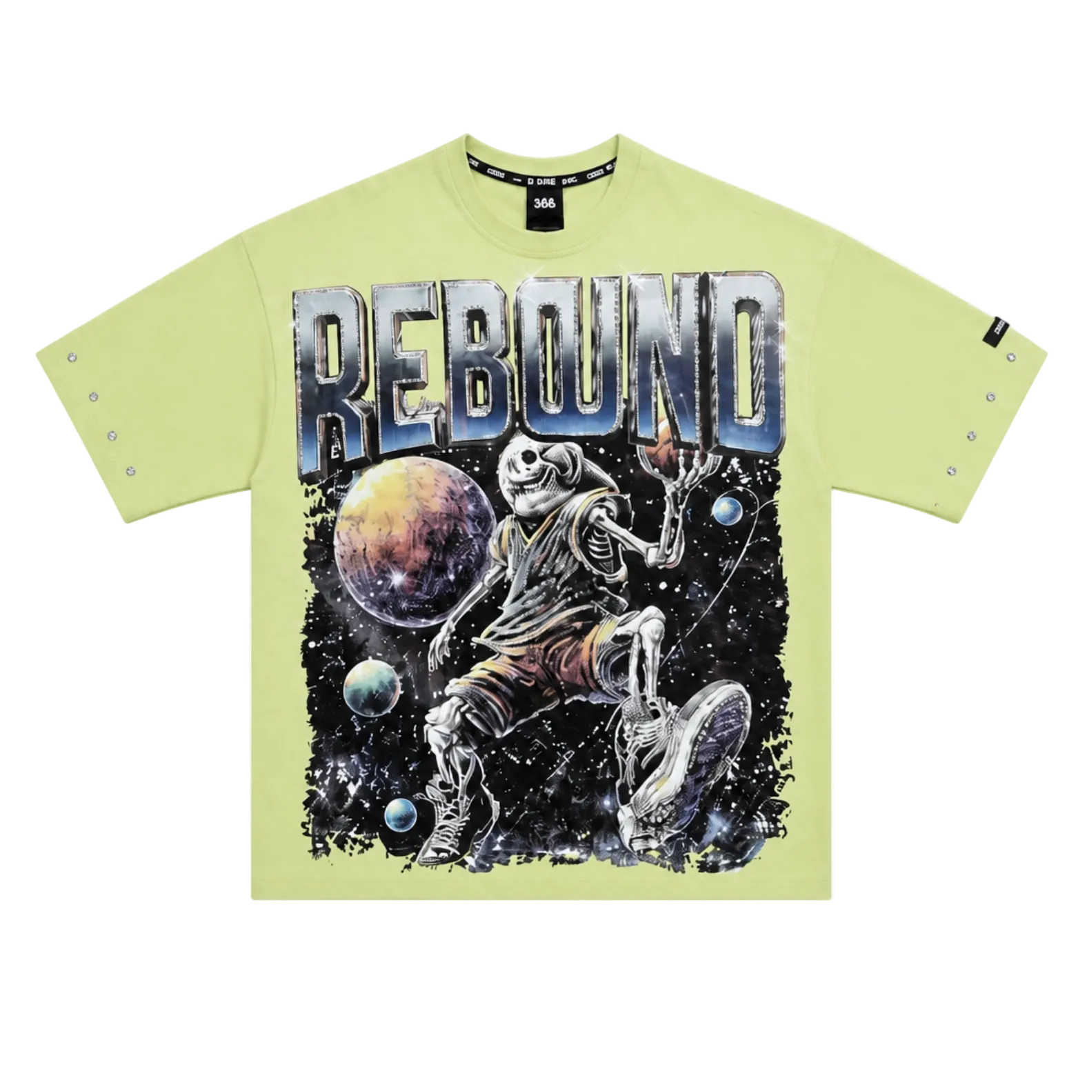 SWITCH MEN'S REBOUND, GRAVITY 23 RHINESTONE GRAPHIC DESIGN DROP SHOULDER T-SHIRT (LIGHT OLIVE GREEN)