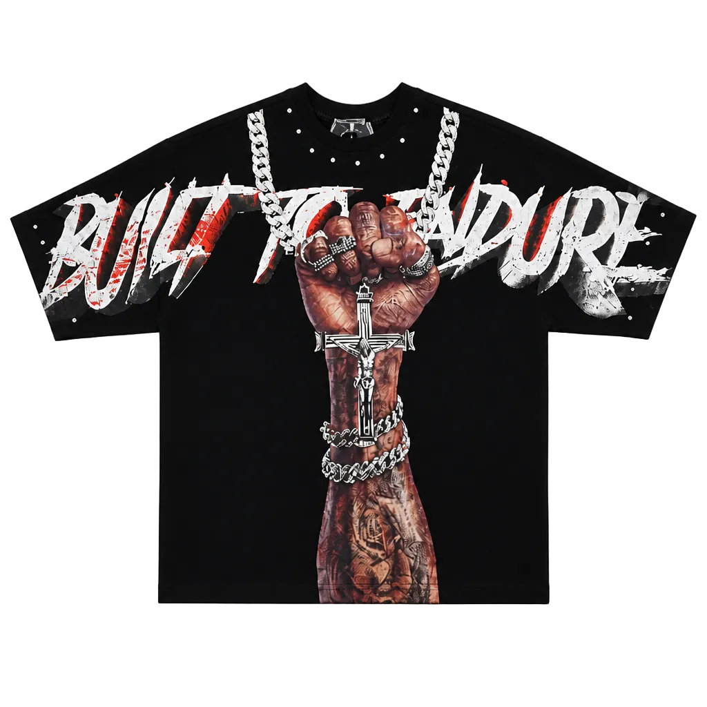 SWITCH MEN'S BUILT TO ENDURE RHINESTONE GRAPHIC DESIGN DROP SHOULDER T-SHIRT (BLACK)