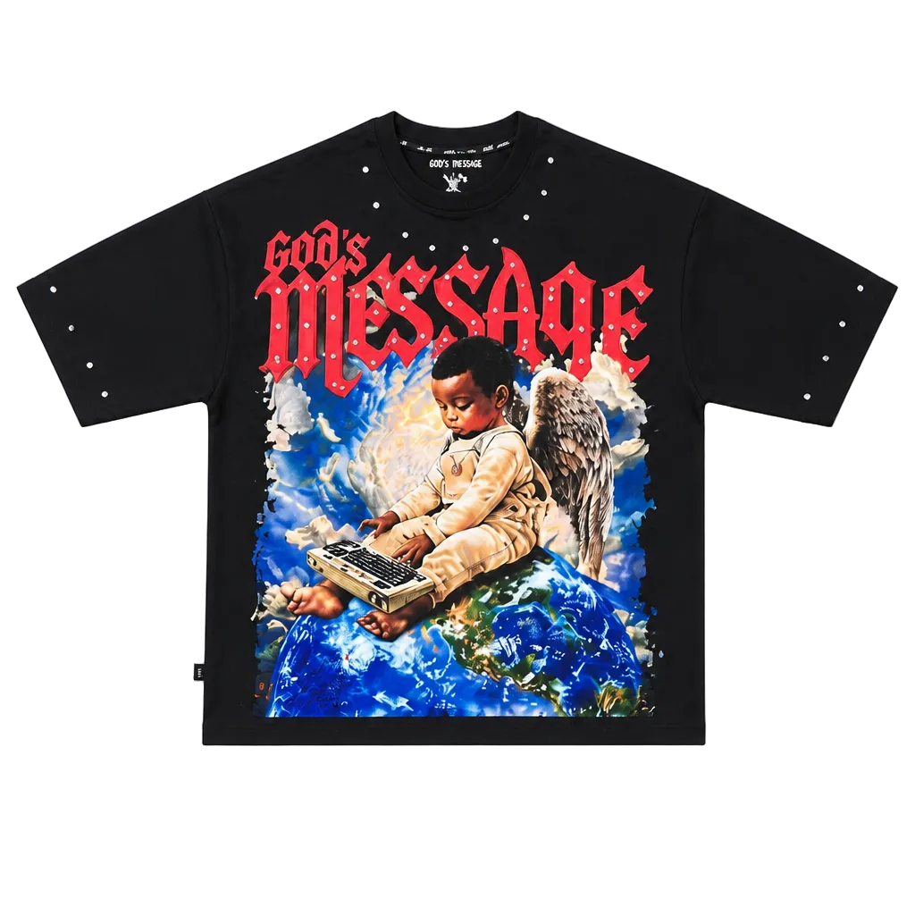 SWITCH MEN'S GOD'S MESSAGE, THE WRITTEN SKY RHINESTONE GRAPHIC DESIGN DROP SHOULDER T-SHIRT (BLACK)