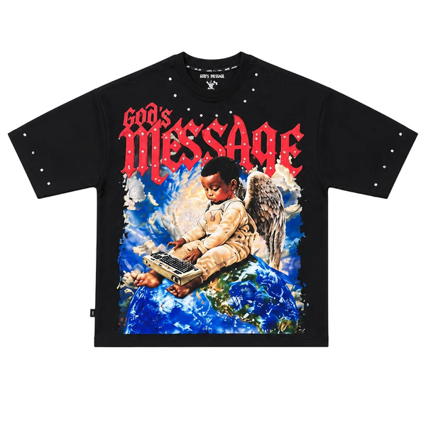 SWITCH MEN'S GOD'S MESSAGE, THE WRITTEN SKY RHINESTONE GRAPHIC DESIGN DROP SHOULDER T-SHIRT (BLACK)