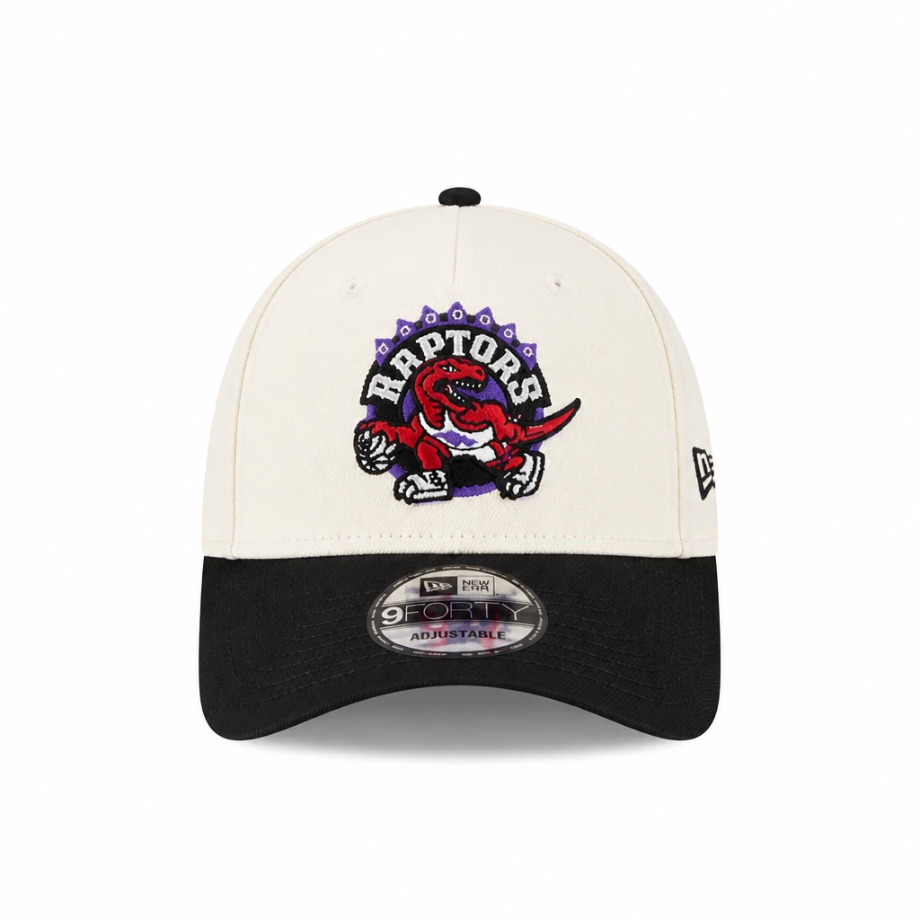 MEN'S NEW ERA NBA 9FORTY A-FRAME TORONTO RAPTORS DINO LOGO CHROME WHITE & BLACK SNAPBACK HAT