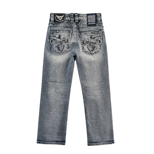 MODERNO MEN'S STRAIGHT FIT BOOT CUT EMBROIDERED LIGHT BLUE JEANS (MJWD-008)