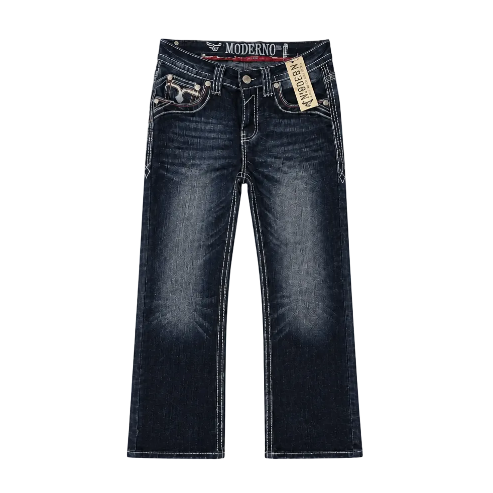 MODERNO MEN'S STRAIGHT FIT BOOT CUT EMBROIDERED DARK BLUE JEANS (MJWD-010)