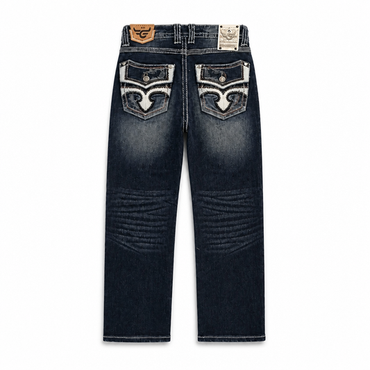 MODERNO MEN'S STRAIGHT FIT BOOT CUT EMBROIDERED DARK BLUE JEANS (MJWD-010)