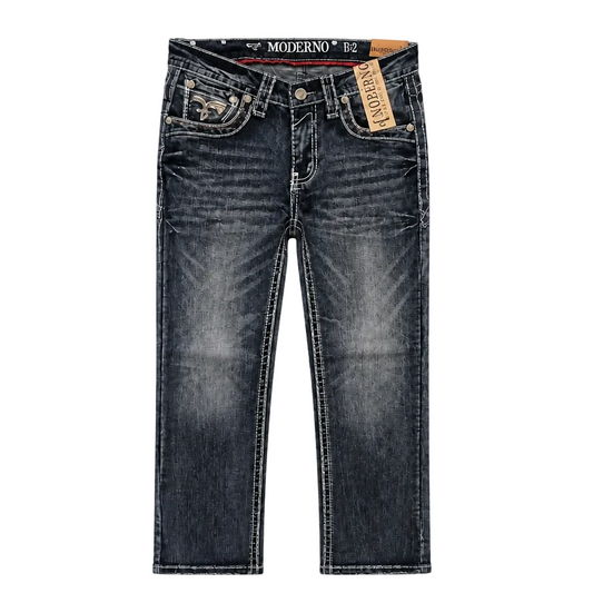 MODERNO MEN'S STRAIGHT FIT BOOT CUT EMBROIDERED MID BLUE JEANS (MJWD-008)