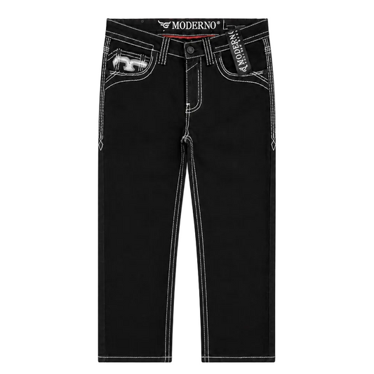 MODERNO MEN'S STRAIGHT FIT BOOT CUT EMBROIDERED JET BLACK JEANS (MJWD-010)
