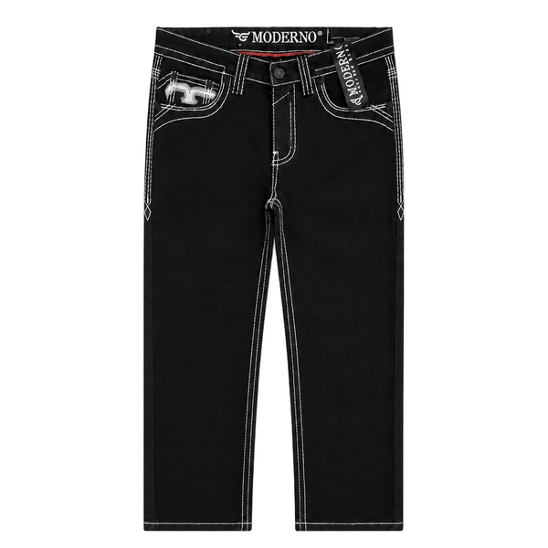 MODERNO MEN'S STRAIGHT FIT BOOT CUT EMBROIDERED JET BLACK JEANS (MJWD-010)