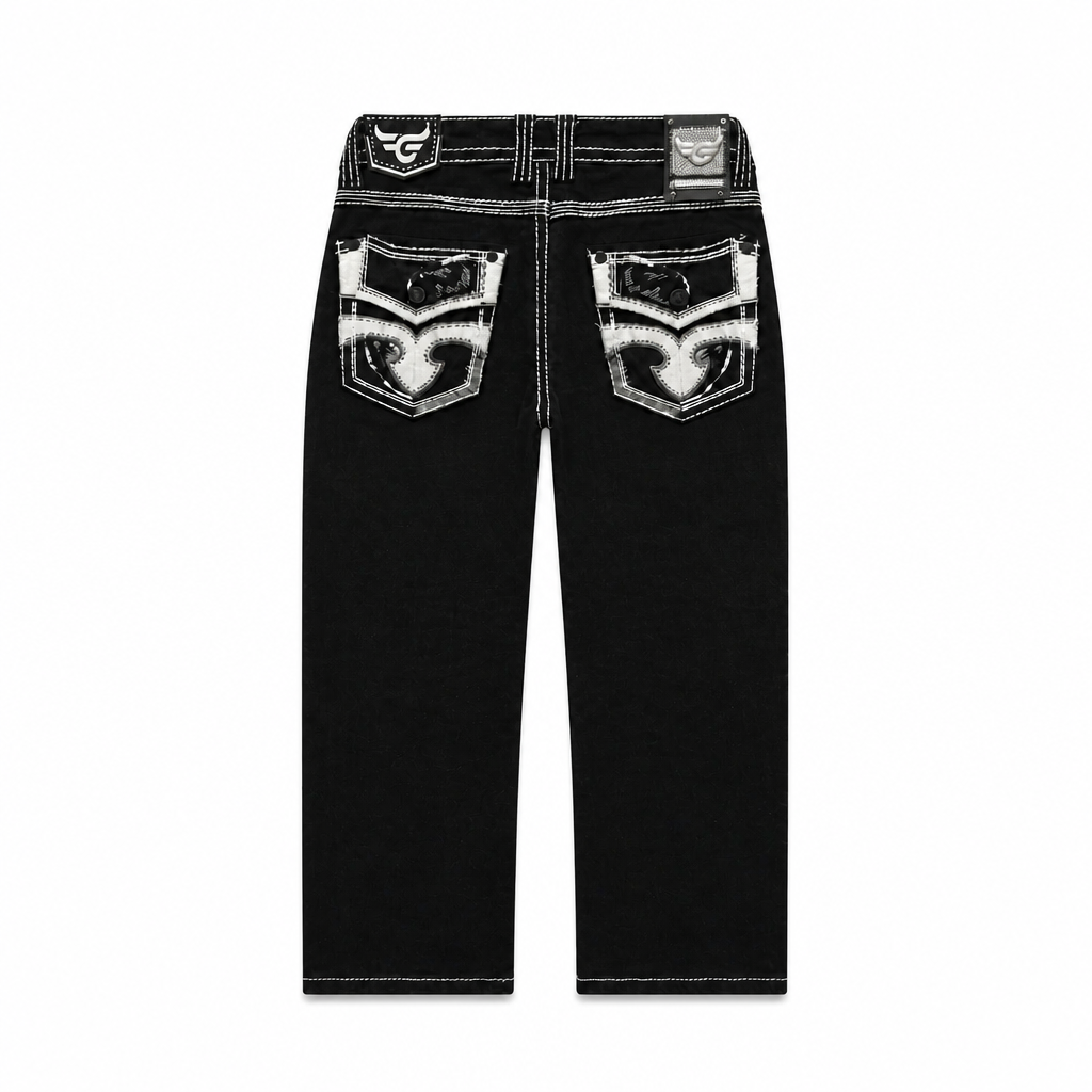 MODERNO MEN'S STRAIGHT FIT BOOT CUT EMBROIDERED JET BLACK JEANS (MJWD-010)