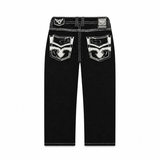 MODERNO MEN'S STRAIGHT FIT BOOT CUT EMBROIDERED JET BLACK JEANS (MJWD-010)