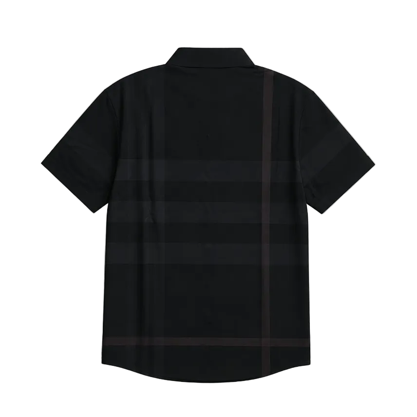 A black short-sleeve polo shirt with a subtle dark brown and gray check pattern, shown from the back against a light gray background.