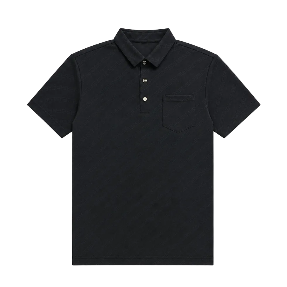 A black short-sleeve polo shirt with a two-button placket and a chest pocket, displayed flat against a solid white background.