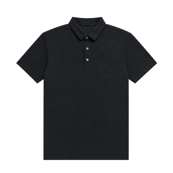 A black short-sleeve polo shirt with a two-button placket and a chest pocket, displayed flat against a solid white background.
