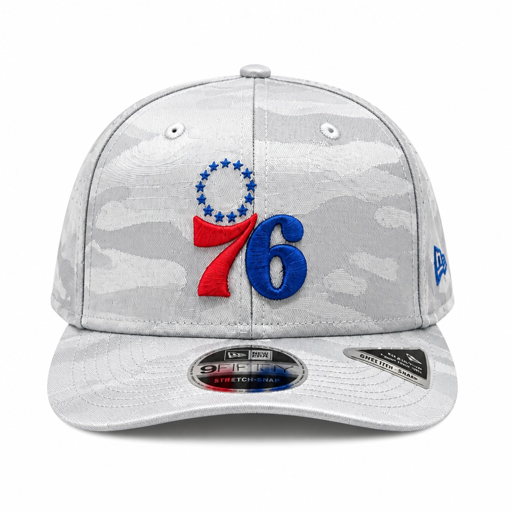 NEW ERA MEN'S 9SEVENTY STRETCH-SNAP NBA PHILADEPHIA 76ERS GREY CAMO SNAPBACK HAT